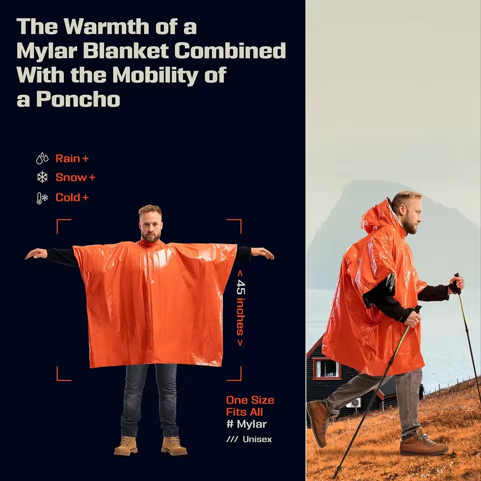 Survival Blanket Reflective - เสื้อกันฝนฉุกเฉินสำหรับเอาชีวิตรอด ผ้าห่มฉุกเฉินกันความร้อน เสื้อกันฝนกันความร้อนสะท้อนความร้อน กันน้ำ สำหรับตั้งแคมป์และเดินป่า